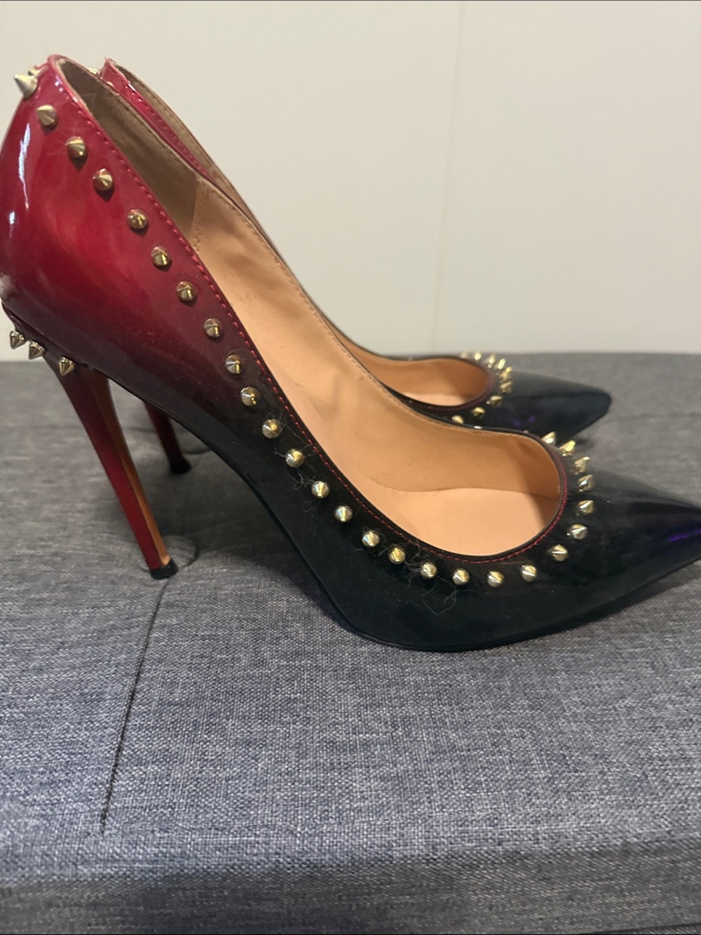 Red and Black Studded Pointed-Toe Women's Pumps - Picture 3 of 5